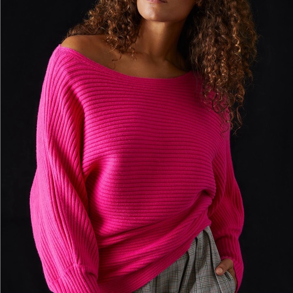 By Anthropologie Ribbed Pullover Pink Wide Neck Sweater Small - Picture 6 of 14
